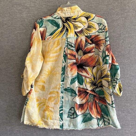 John Mark Linen Tropical Floral Top Size L Lagenlook Aloha Wired Collar Resort - Picture 9 of 15